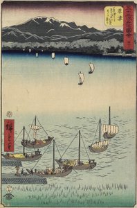 53, Żaglówki przy bramie promowej Yabase na plaży Kusatsu, Kusatsu, 1855 autorstwa Ando or Utagawa Hiroshige