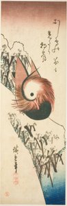 Kaczka mandaryńska na zaśnieżonym brzegu autorstwa Ando or Utagawa Hiroshige