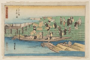 Boats Docking at Hachikenya (Hachikenya chakusen no zu) (kolorowy drzeworyt) autorstwa Ando or Utagawa Hiroshige