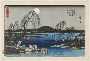 Łowienie słodkiej rybki w rzece Tama pod jesiennym księżycem (Tamagawa aki no tsuki ayugari no zu) (kolorowy drzeworyt) autorstwa Ando or Utagawa Hiroshige