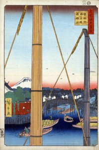 „Sto słynnych widoków Edo” (dzisiejsze Tokio): most Inari i świątynia Minato w Teppozu. Widok na miasto Tokio w Japonii z górą Fuji w tle. (Sanktuarium portowe i most Inari w Teppozu (sto słynnych widoków Edo). Wydruk w Japonii autorstwa Ando or Utagawa Hiroshige