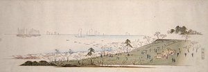Czas kwitnienia wiśni, ludzie piknikujący w Gotenyama (kolorowy drzeworyt) autorstwa Ando or Utagawa Hiroshige
