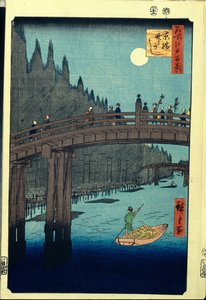 Japoński drzeworyt: The Bamboo Wharf autorstwa Kyobashi Bridge (Tokio, Japonia). Seria stu słynnych widoków Edo. (Bamboo Quay przy Kyobashi Bridge, Sto słynnych widoków Edo). Praca Utagawa Hiroshige (1797-1858), drzeworyt (39x26 cm) autorstwa Ando or Utagawa Hiroshige