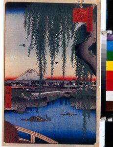 Grafika japońska: Widok mostu Yatsumi (Tokio, Japonia). Seria stu słynnych widoków Edo. (Widok na most Yatsumi, sto słynnych widoków Edo). Praca Utagawa Hiroshige (1797-1858), drzeworyt (37x24 cm) autorstwa Ando or Utagawa Hiroshige