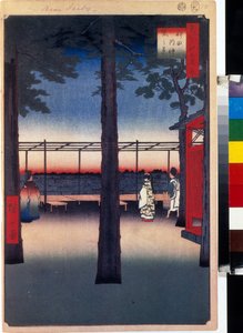 Japoński drzeworyt: świt w świątyni Kanda Myojin (Tokio, Japonia). Seria stu słynnych widoków Edo. (Świt w świątyni Kanda Myojin, Sto słynnych widoków Edo). Praca Utagawa Hiroshige (1797-1858), drzeworyt (39x26 cm) autorstwa Ando or Utagawa Hiroshige