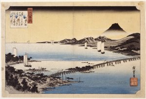 Evening Glow At Seta (kolorowy drzeworyt) autorstwa Ando or Utagawa Hiroshige