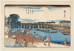 Fajerwerki na moście Ry?goku (Ry?goku hanabi) (kolorowy drzeworyt) autorstwa Ando or Utagawa Hiroshige