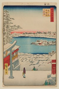 Widok ze wzgórza, świątynia Yushima Tenjin autorstwa Ando or Utagawa Hiroshige