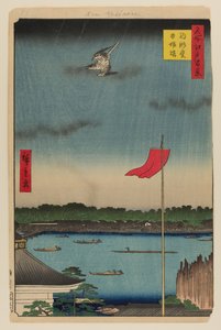 Hala Komakata i most Azuma autorstwa Ando or Utagawa Hiroshige