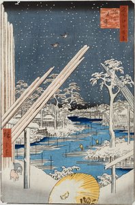 Składy drewna w Fukagawie, z cyklu „Sto widoków znanych miejsc w Edo” autorstwa Ando or Utagawa Hiroshige