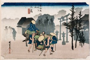 Poranna mgła w Mishima, z cyklu „Pięćdziesiąt trzy stacje Tokaido”, ok. 1834 autorstwa Ando or Utagawa Hiroshige