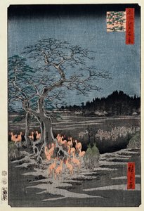Sylwestrowe ogniska pod pokrzywą, Oji, z serialu „Sto słynnych widoków Edo autorstwa Ando or Utagawa Hiroshige
