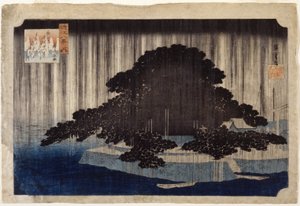 Night Rain At Karasaki (kolorowy drzeworyt) autorstwa Ando or Utagawa Hiroshige