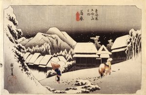 Nocny śnieg w Kanbarze, nr 16 (drzeworyt kolorowy) autorstwa Ando or Utagawa Hiroshige