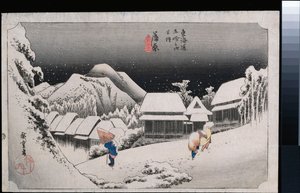 Night Snow, Kambara”, z cyklu „Pięćdziesiąt trzy stacje Tokaido” autorstwa Ando or Utagawa Hiroshige