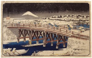 Nihonbashi In The Snow (kolorowy drzeworyt) autorstwa Ando or Utagawa Hiroshige