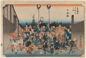 Nihonbashi, z „Pięćdziesiąt trzy stacje na autostradzie Tokaido”, c.1834 (odbitka drewniana) autorstwa Ando or Utagawa Hiroshige