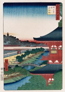„Pagoda Zojoji, Akabane”, z cyklu „Sto widoków znanych miejsc w Edo” autorstwa Ando or Utagawa Hiroshige