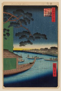 Sosna sukcesu i Oumayagashi, rzeka Asakusa autorstwa Ando or Utagawa Hiroshige