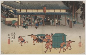 Miejsce spoczynku dla nosicieli Kago autorstwa Ando or Utagawa Hiroshige