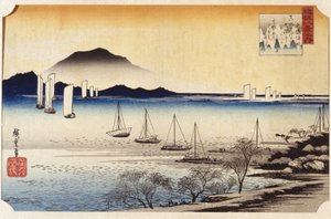 Returning Sails At Yabase (kolorowy drzeworyt) autorstwa Ando or Utagawa Hiroshige
