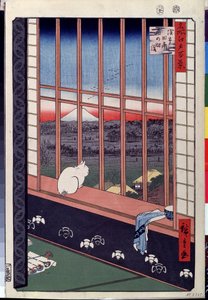 Seria "Sto słynnych widoków Edo"": ""Pola ryżowe Asakusa podczas festiwalu kogutów, kot siedzący na parapecie"" (Kot siedzący na siedzeniu przy oknie) Grafika Utagawa Hiroshige (1797-1858) ) XIX-wieczne Muzeum Puszkina Moskwa autorstwa Ando or Utagawa Hiroshige
