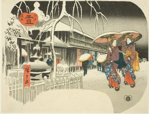Snow (Yuki), z serii "Słynne miejsca Edo, ok. 1849-52 (drzeworyt kolorowy; uchiwa-e) autorstwa Ando or Utagawa Hiroshige