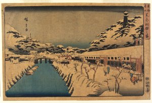 Śnieg na moście Akabane w Shiba, 1844-45 autorstwa Ando or Utagawa Hiroshige