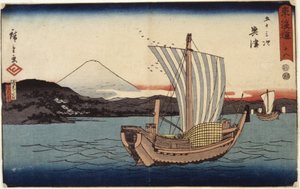 Stacja 18, Okitsu (drzeworyt) autorstwa Ando or Utagawa Hiroshige