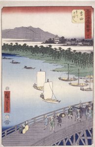 Stacja 35, Yoshida; Seria Kyoka Tokaido (figury przecinające pierwszy plan) (kolorowy drzeworyt) autorstwa Ando or Utagawa Hiroshige