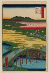 Most Sugatami, most Omokage i Jariba w Takata autorstwa Ando or Utagawa Hiroshige