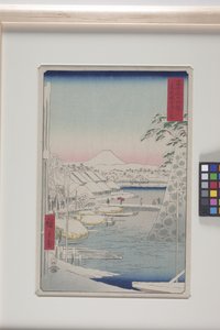 Brzeg rzeki Sukiya we wschodniej stolicy (Tōto: Sukiyagashi) (drzeworyt kolorowy) autorstwa Ando or Utagawa Hiroshige