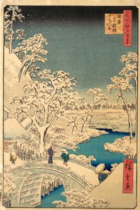 Most Taiko i kopiec Yuhi w Meguro, z „Sto słynnych widoków Edo”, wyd. 1857 autorstwa Ando or Utagawa Hiroshige