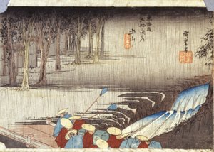 Tsuchiyama, Spring Rain (drzeworyt kolorowy) autorstwa Ando or Utagawa Hiroshige