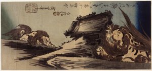 Dwa lwy na klifie (drzeworyt kolorowy) autorstwa Ando or Utagawa Hiroshige