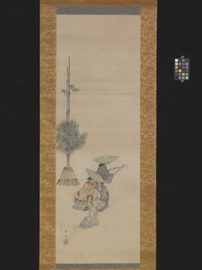 Dwie tańczące kobiety w kapeluszach (tusz i kolor na jedwabiu) autorstwa Ando or Utagawa Hiroshige