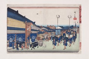Widok Shinbashi (Shinbashi no zu) (kolorowy drzeworyt) autorstwa Ando or Utagawa Hiroshige