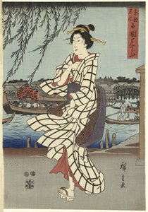Kobieta spacerująca nad brzegiem rzeki, pub.C1848 (drzeworyt kolorowy) autorstwa Ando or Utagawa Hiroshige