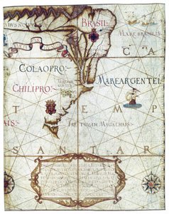 Mapa Ameryki Południowej, w Universa i Navigabilis Totius Terrarum Orbis Descriptio 1559 (kolorowy rękopis) autorstwa André Homem