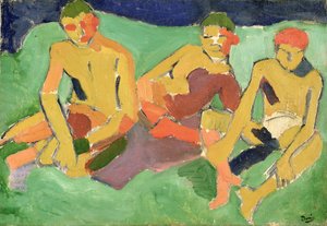 Trzy postacie siedzące na trawie (olej na płótnie) autorstwa Andre Derain