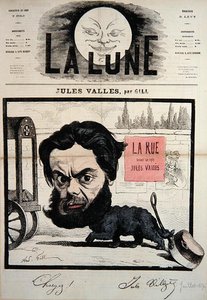 Ilustracja karykatury Julesa Vallesa z okładki magazynu „La Lune”, lipiec 1867 (kolor lito) autorstwa Andre Gill