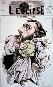 Karykatura przedstawiająca Leona Gambettę (1838-1882), francuskiego polityka. Rysunek Andre Gilla (1840-1885) w „” L