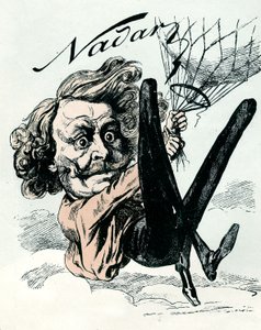 Rysunek Feliksa Nadara, pioniera zdjęć lotniczych z 1858 roku, zwisający z balonu (rycina) autorstwa Andre Gill