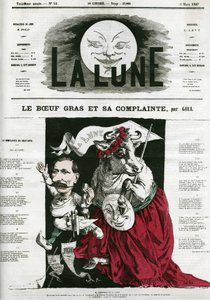 Le Boeuf gras et sa lament, ilustracja pieśni. Karykatura Gilla, w „La Lune”, 3 marca autorstwa Andre Gill