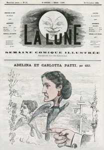 Portret Adeliny (1843-1919) i Carlotty Patti (1835-1889), włoskich śpiewaczek operowych. Karykatura Gilla, w „Księżycu”, 25 listopada autorstwa Andre Gill