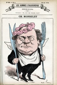 Portret Charlesa Monseleta (1825-1888), francuskiego poety, dziennikarza, powieściopisarza i gastronomii. Karykatura Gilla, w „Les Homme d