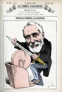 Portret Paula-Armanda Challemela-Lacoura (1827-1896), polityka, dyplomaty i historyka filozofii francuskiej. Karykatura Gilla, w „Les Homme d