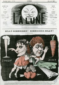Głupi Schneider? Scheiner-Głupi? , karykatura fragmentu malarstwa antycznego. Karykatura Gilla, w „La Lune”, 20 stycznia autorstwa Andre Gill