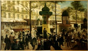 Szkic do panoramy Boulevard Montmartre ożywia współczesne paryskie osobowości autorstwa Andre Gill