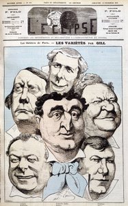 Portrety Léonce, Berthelier, Poppy Cadet, Dupuis, Pradeau i Baron, autorów teatralnych. Karykatura Gilla w „”L